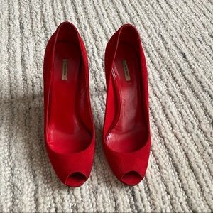 Miu Miu Red Peep Toe Suede Heels Pumps